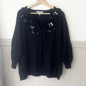 JM Collection Black Cardigan with Floral Embellishments XL